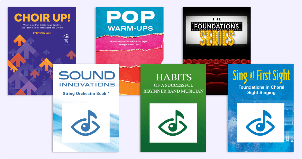 array of covers: Sight Reading Generator covers (SI, Habits, and SaFS), Choir Up!, Pop Warm-Ups, Foundations