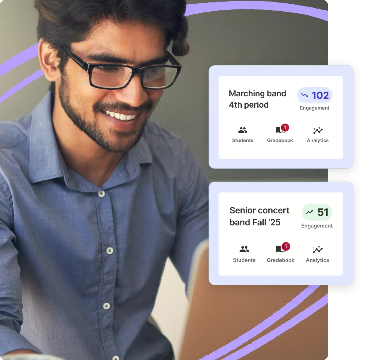Teacher viewing engagement score on laptop with UI overlay