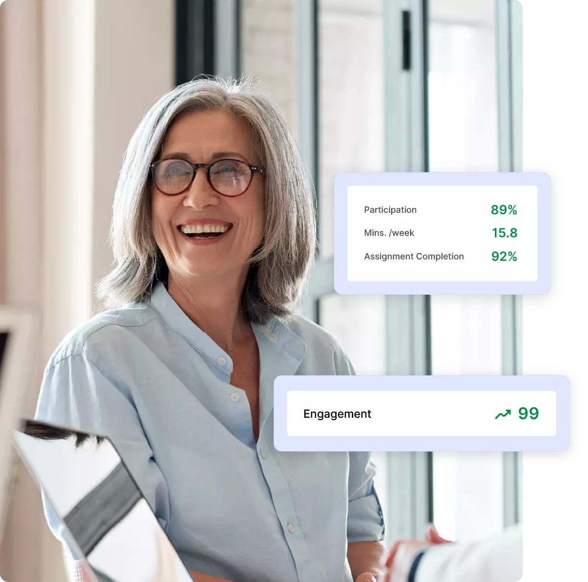 Teacher happily discussing metrics with analytics screenshot overlays