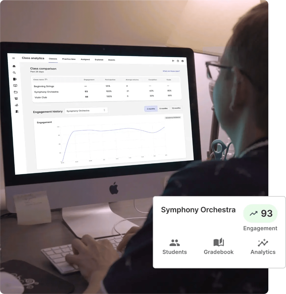 Student practicing baritone saxophone from MakeMusic Cloud app in classroom setting
