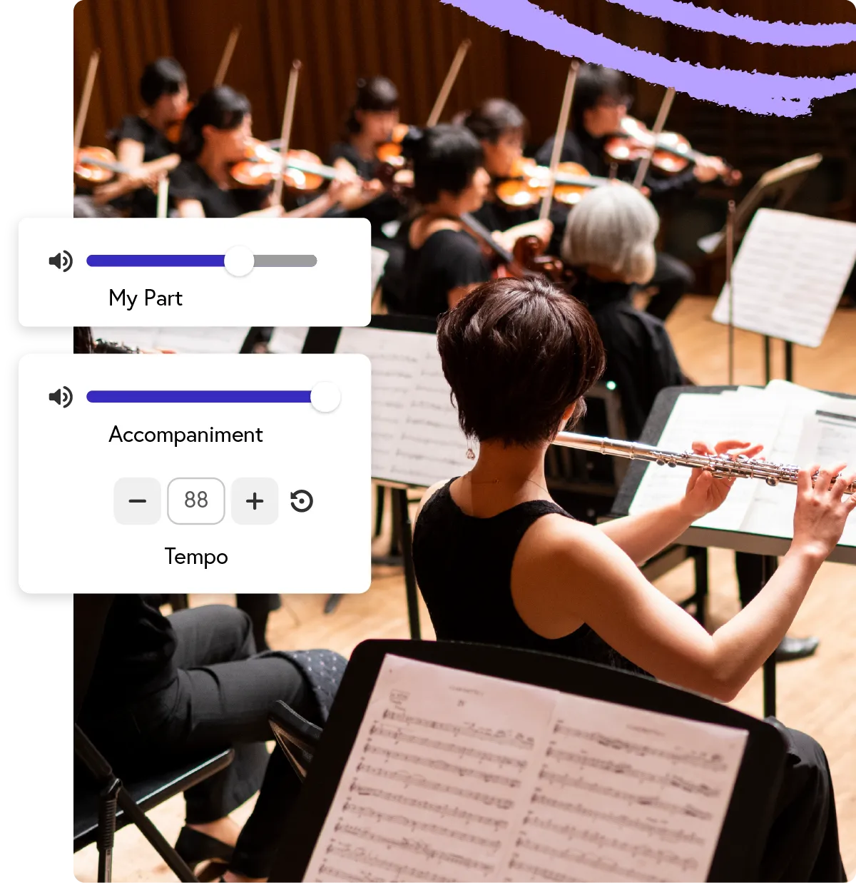 Student in orchestral setting playing flute with in-app accompaniment controls overlaid