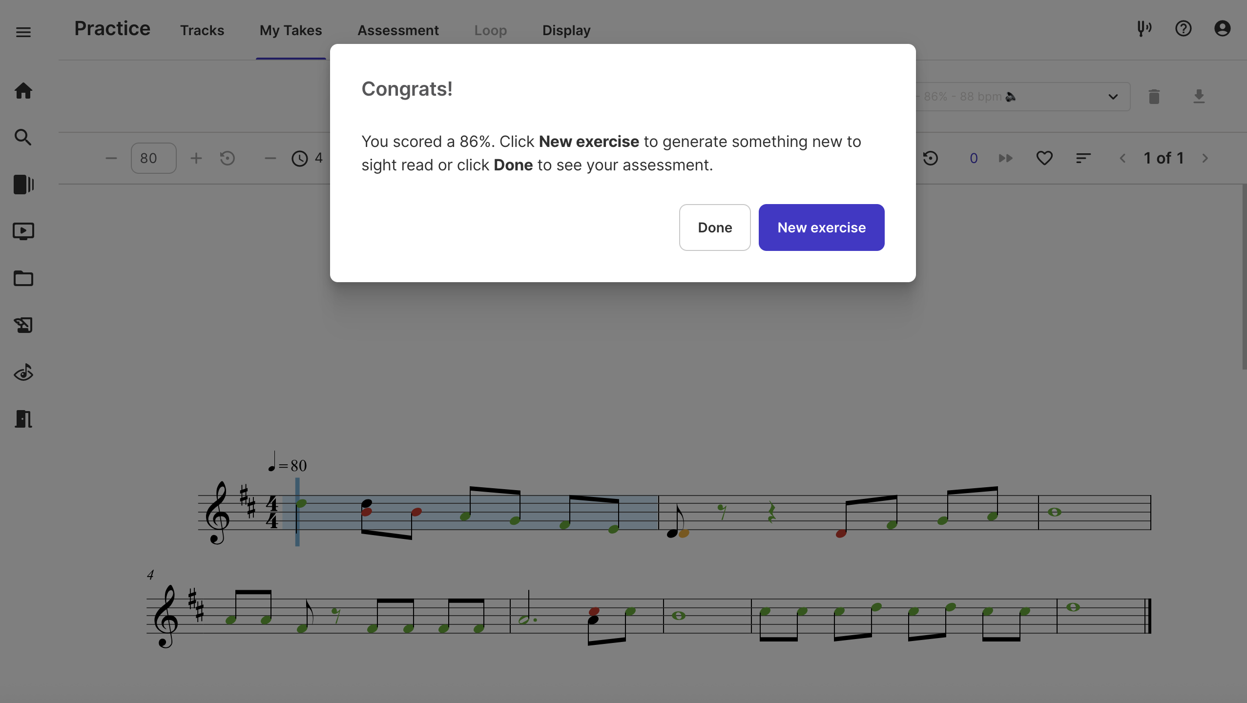 With Sight Reading Studio in MakeMusic Cloud, students can go through an exercise and then evaluate their performance afterward with Practice Assessment so they can stay focused on one task at a time.